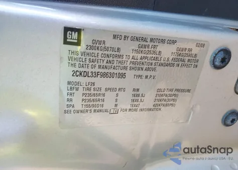 2008 Pontiac Torrent из США, поврежденный, VIN 2CKDL33F986301095